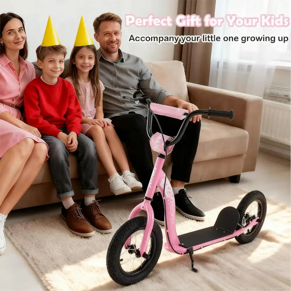 Kids Scooter Youth Kick Scooter with Adjustable Height Handlebar 12-Inch Inflatable Wheels-Pink - Pink - Scooters