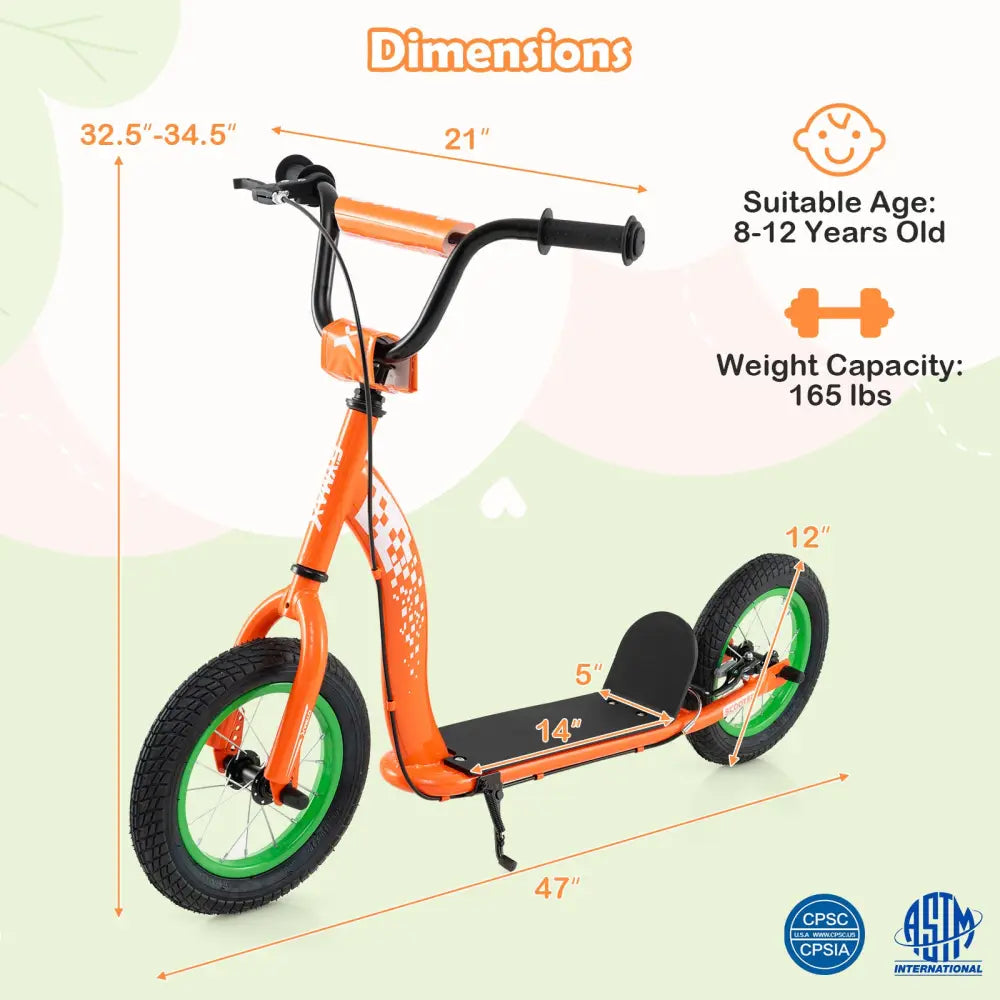 Kids Scooter Youth Kick Scooter with Adjustable Height Handlebar 12-Inch Inflatable Wheels-Orange - Orange - Scooters