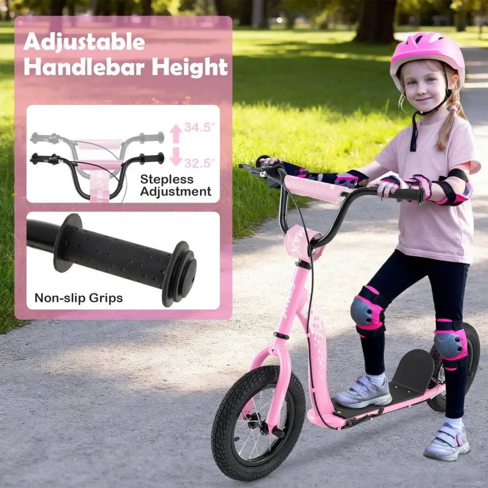Kids Scooter Youth Kick Scooter with Adjustable Height Handlebar 12-Inch Inflatable Wheels-Pink - Pink - Scooters