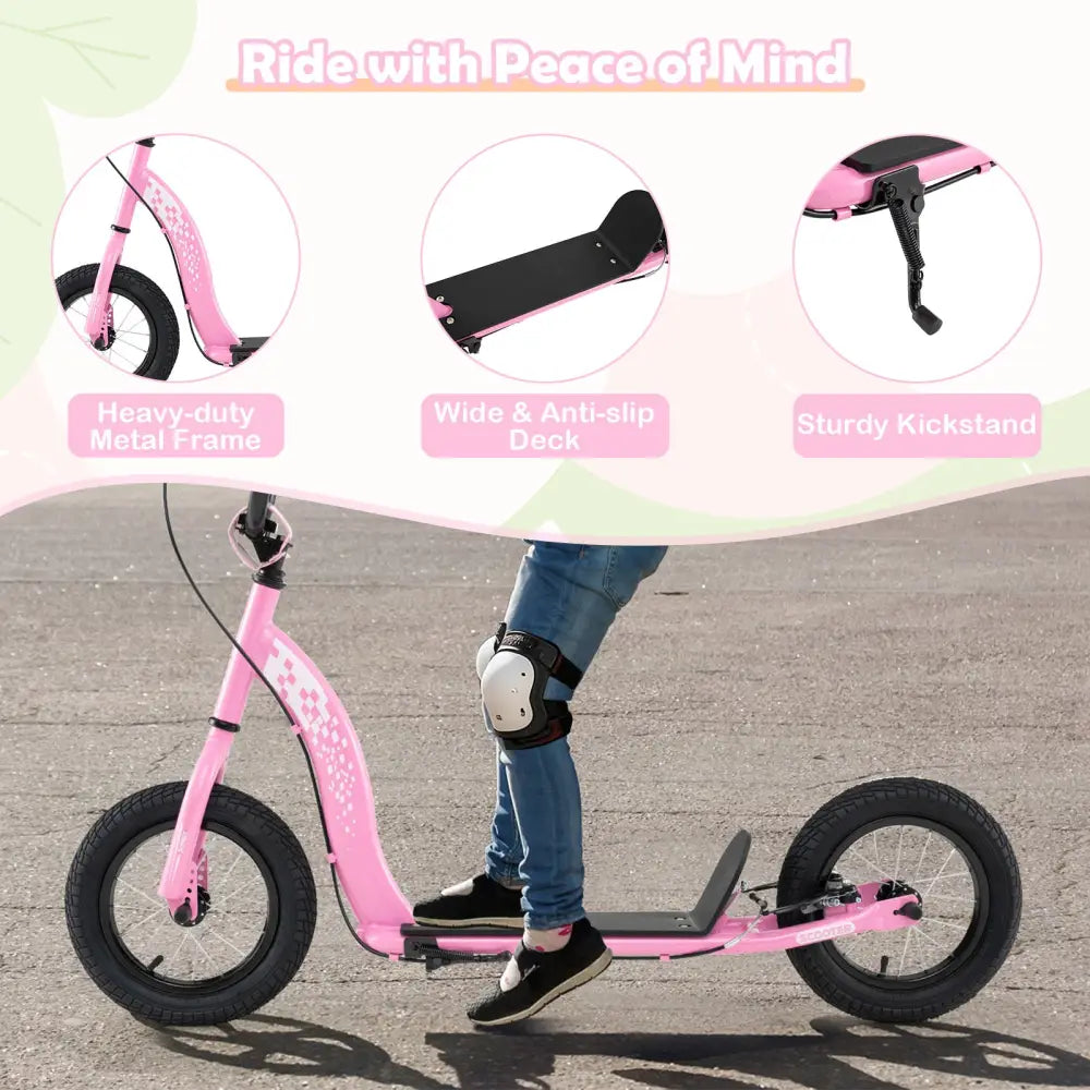 Kids Scooter Youth Kick Scooter with Adjustable Height Handlebar 12-Inch Inflatable Wheels-Pink - Pink - Scooters