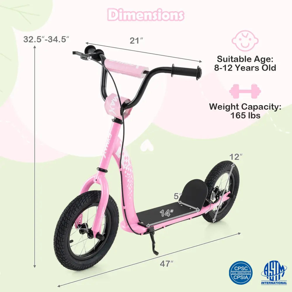 Kids Scooter Youth Kick Scooter with Adjustable Height Handlebar 12-Inch Inflatable Wheels-Pink - Pink - Scooters