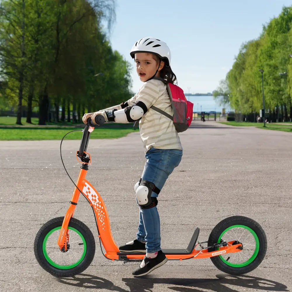 Kids Scooter Youth Kick Scooter with Adjustable Height Handlebar 12-Inch Inflatable Wheels-Orange - Orange - Scooters