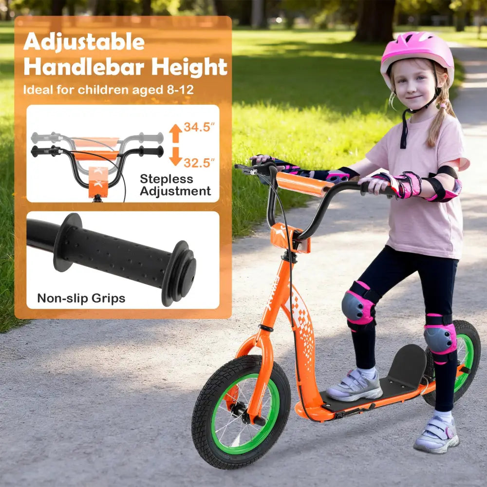 Kids Scooter Youth Kick Scooter with Adjustable Height Handlebar 12-Inch Inflatable Wheels-Orange - Orange - Scooters