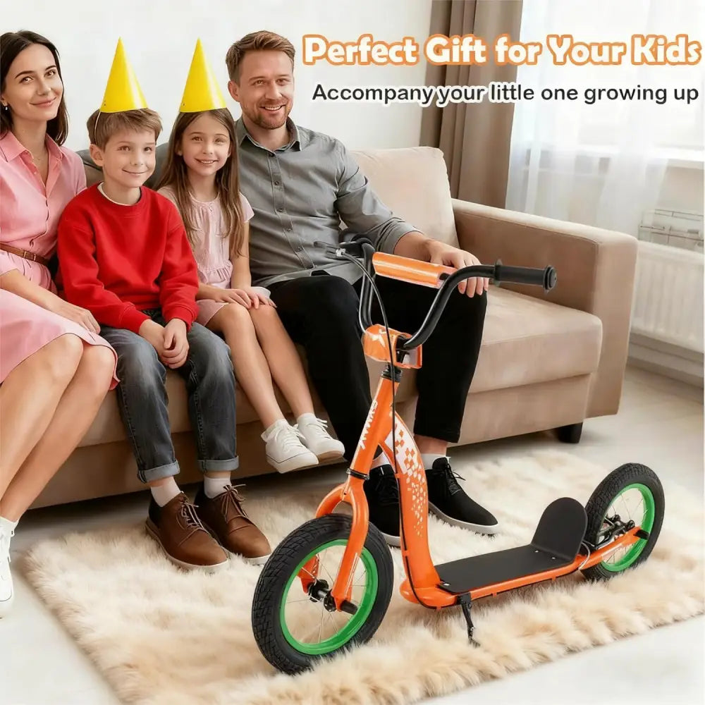 Kids Scooter Youth Kick Scooter with Adjustable Height Handlebar 12-Inch Inflatable Wheels-Orange - Orange - Scooters