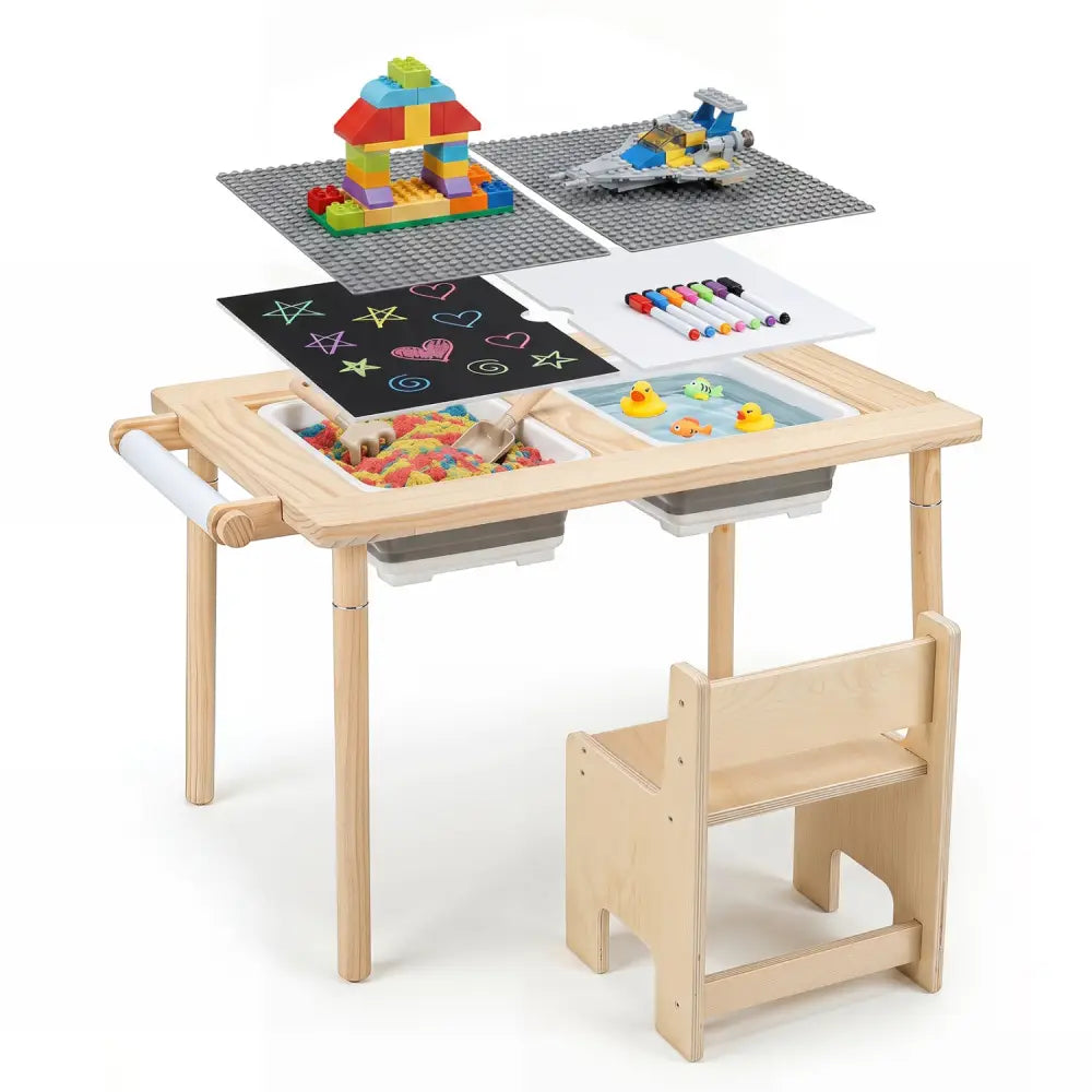 Kids Sensory Table Set with Adjustable Height and 2 Storage Bins-Natural - Natural - Kids Table & Chair Sets