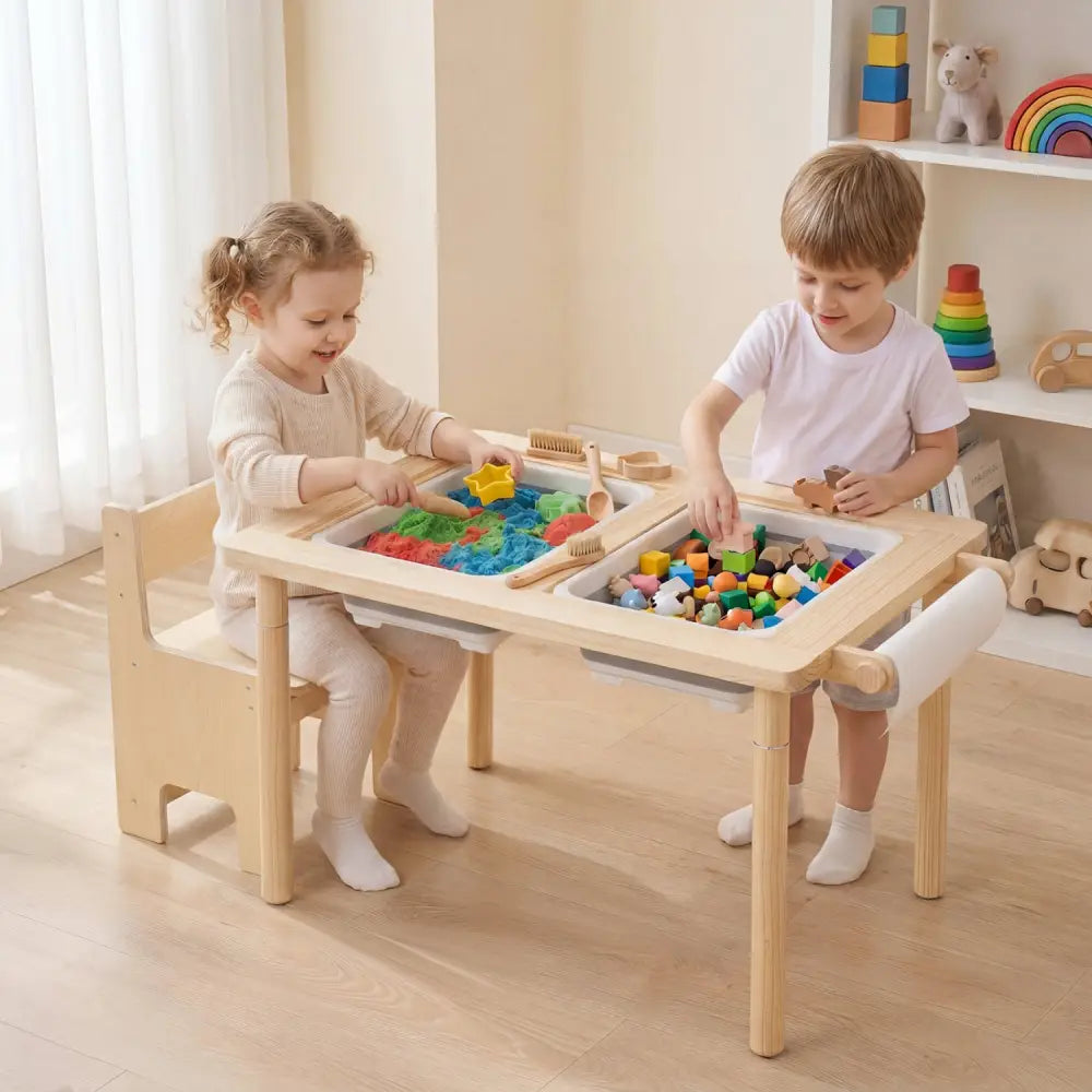 Kids Sensory Table Set with Adjustable Height and 2 Storage Bins-Natural - Natural - Kids Table & Chair Sets