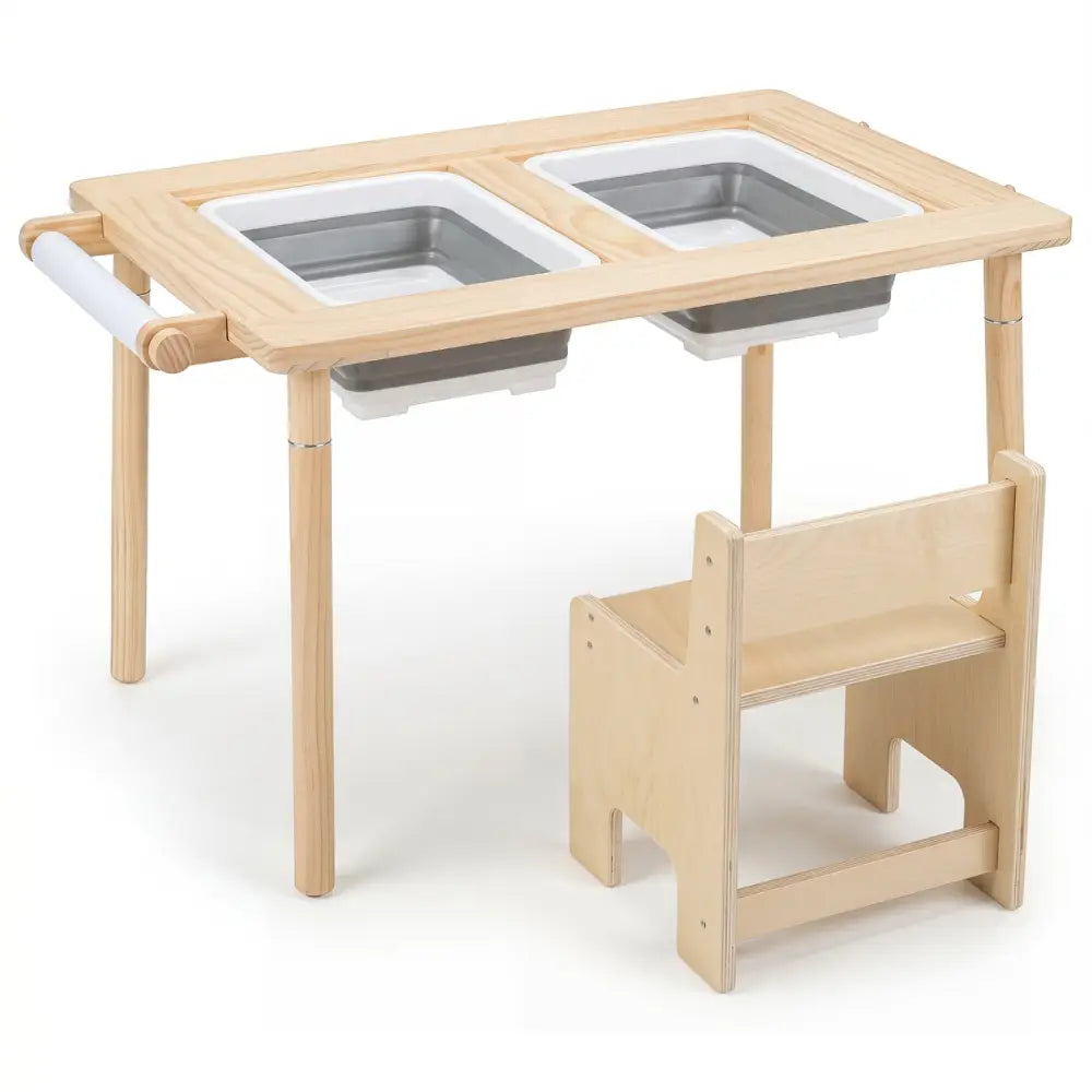 Kids Sensory Table Set with Adjustable Height and 2 Storage Bins-Natural - Natural - Kids Table & Chair Sets