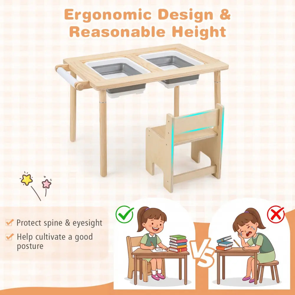 Kids Sensory Table Set with Adjustable Height and 2 Storage Bins-Natural - Natural - Kids Table & Chair Sets