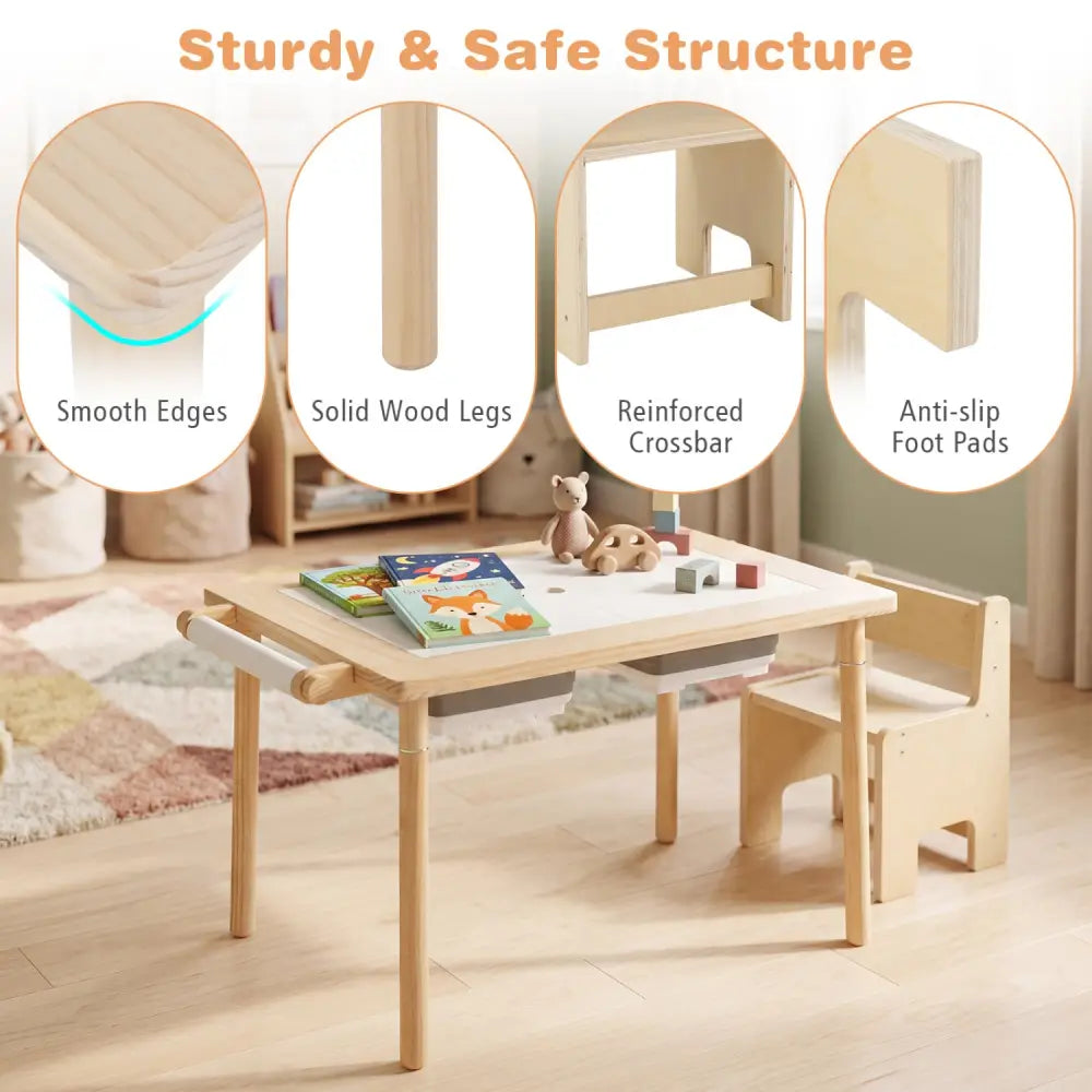 Kids Sensory Table Set with Adjustable Height and 2 Storage Bins-Natural - Natural - Kids Table & Chair Sets
