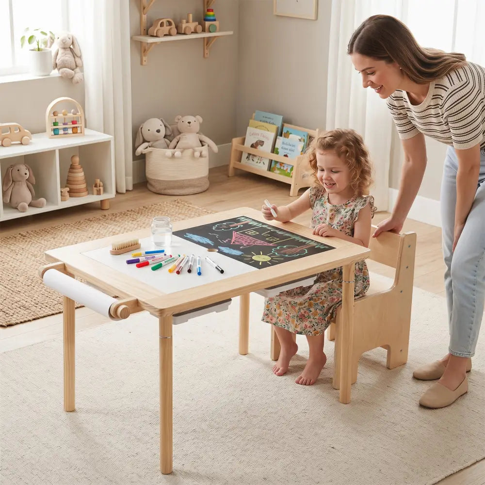 Kids Sensory Table Set with Adjustable Height and 2 Storage Bins-Natural - Natural - Kids Table & Chair Sets