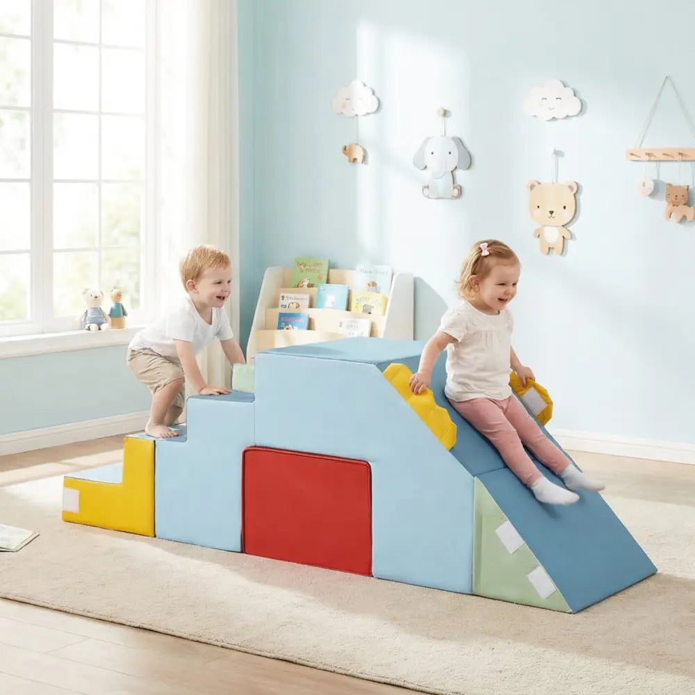 Kids Soft Foam Blocks with Velvet Covers Convertible Table and Chair Set-Blue - Blue - Climbers & Slides