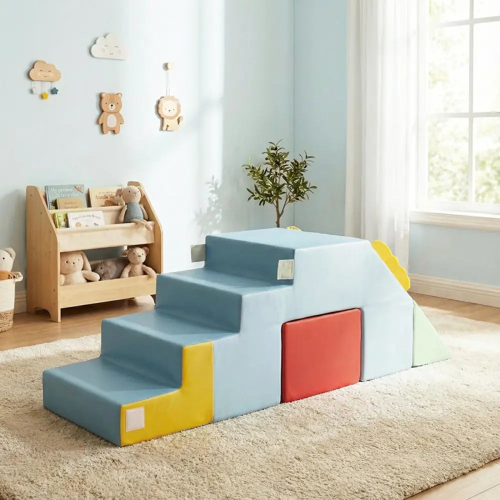 Kids Soft Foam Blocks with Velvet Covers Convertible Table and Chair Set-Blue - Blue - Climbers & Slides