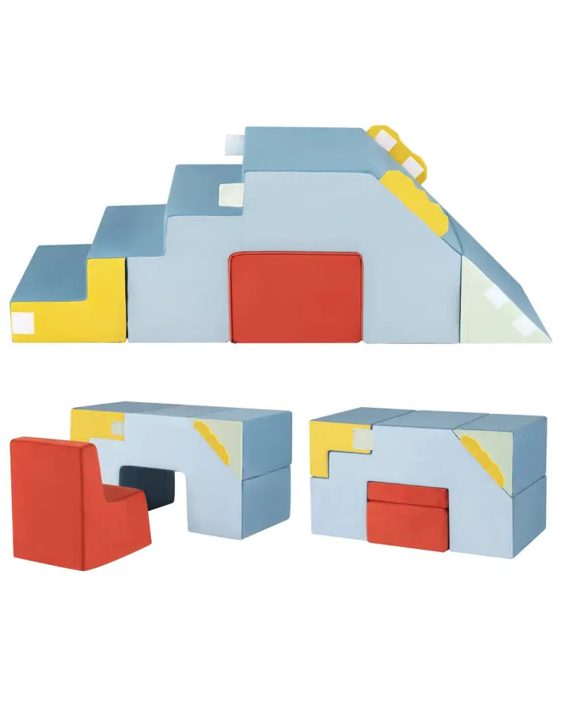 Kids Soft Foam Blocks with Velvet Covers Convertible Table and Chair Set-Blue - Blue - Climbers & Slides