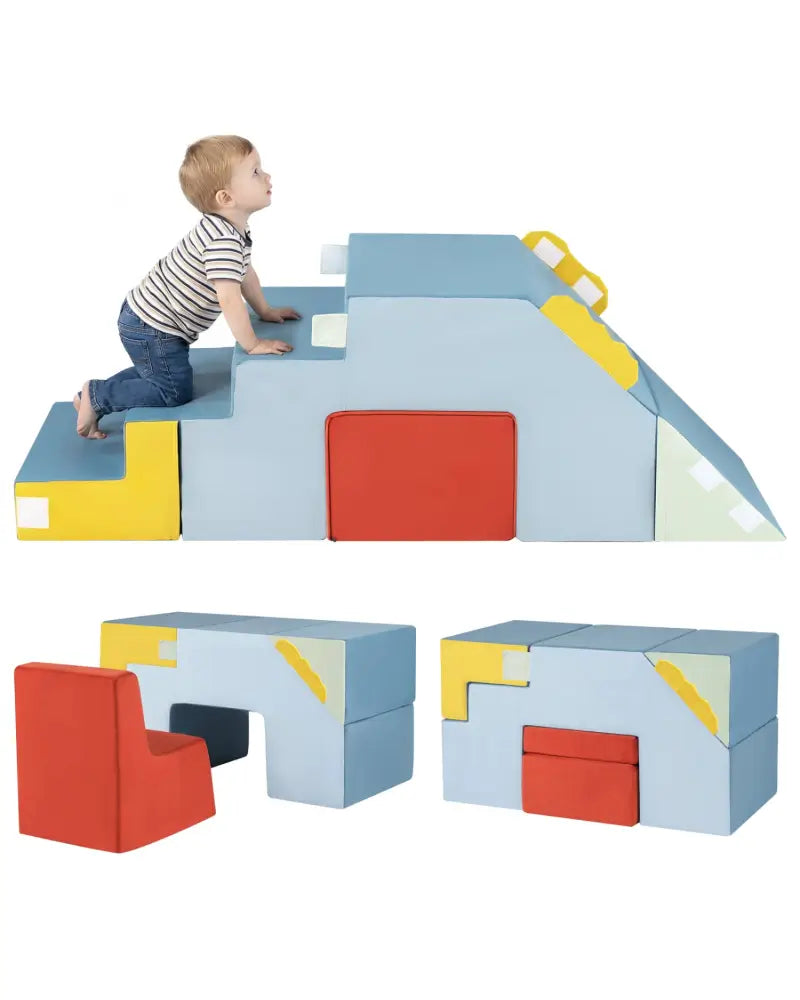 Kids Soft Foam Blocks with Velvet Covers Convertible Table and Chair Set-Blue - Blue - Climbers & Slides
