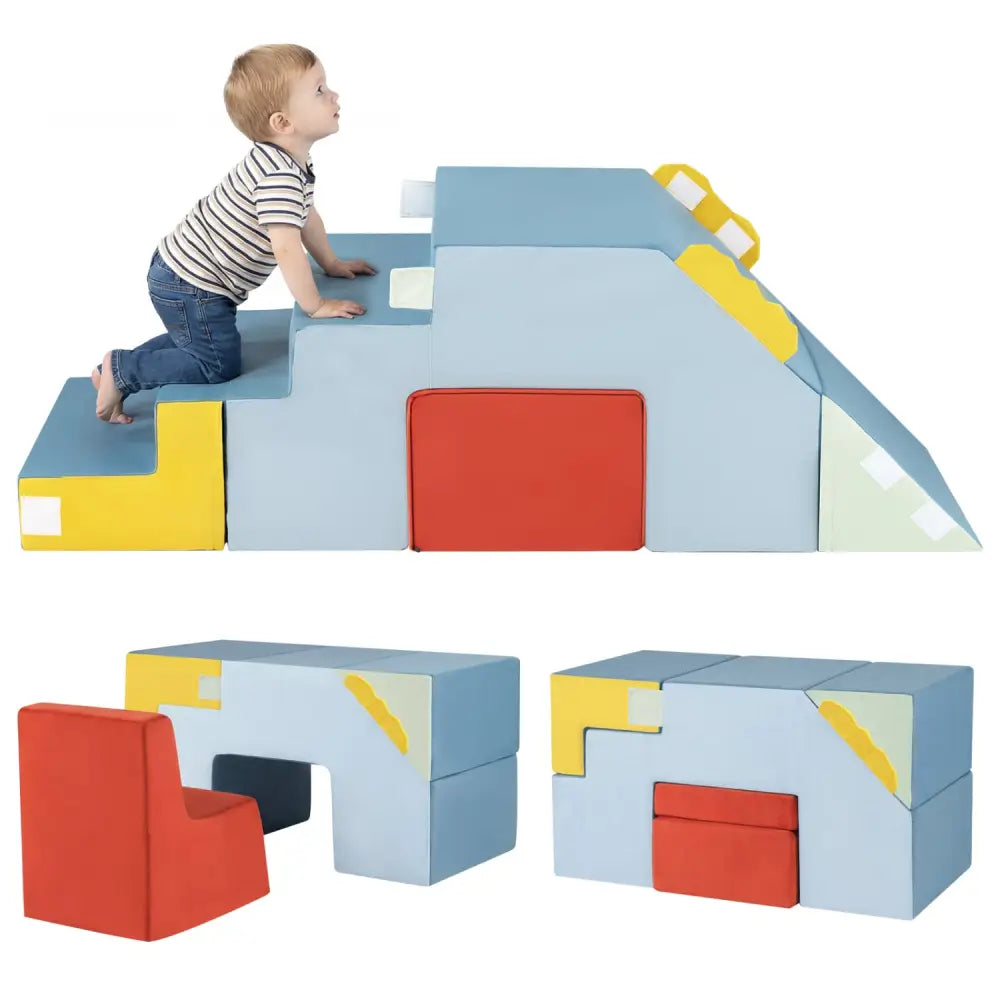 Kids Soft Foam Blocks with Velvet Covers Convertible Table and Chair Set-Blue - Blue - Climbers & Slides