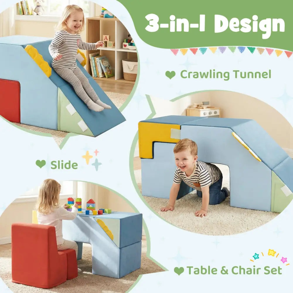 Kids Soft Foam Blocks with Velvet Covers Convertible Table and Chair Set-Blue - Blue - Climbers & Slides