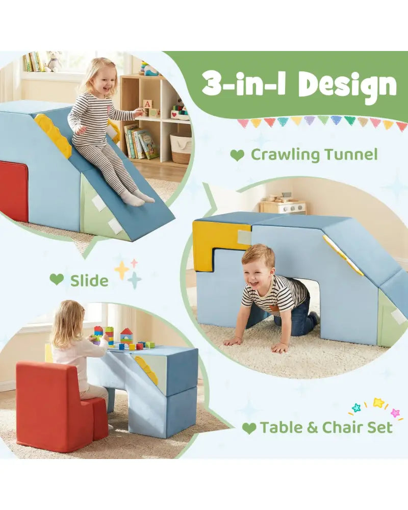 Kids Soft Foam Blocks with Velvet Covers Convertible Table and Chair Set-Blue - Blue - Climbers & Slides