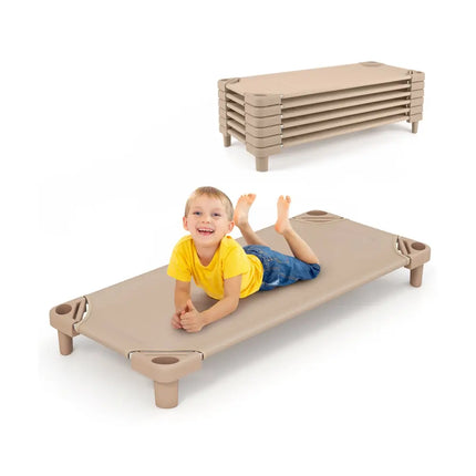 Kids Stackable Daycare Cot Pack of 6 with Detachable Oxford Cloth-Beige - Beige - Toddler Beds