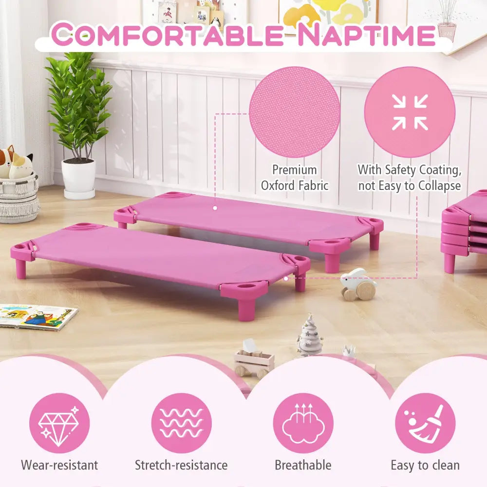Kids Stackable Daycare Cot Pack of 6 with Detachable Oxford Cloth-Pink - Pink - Toddler Beds