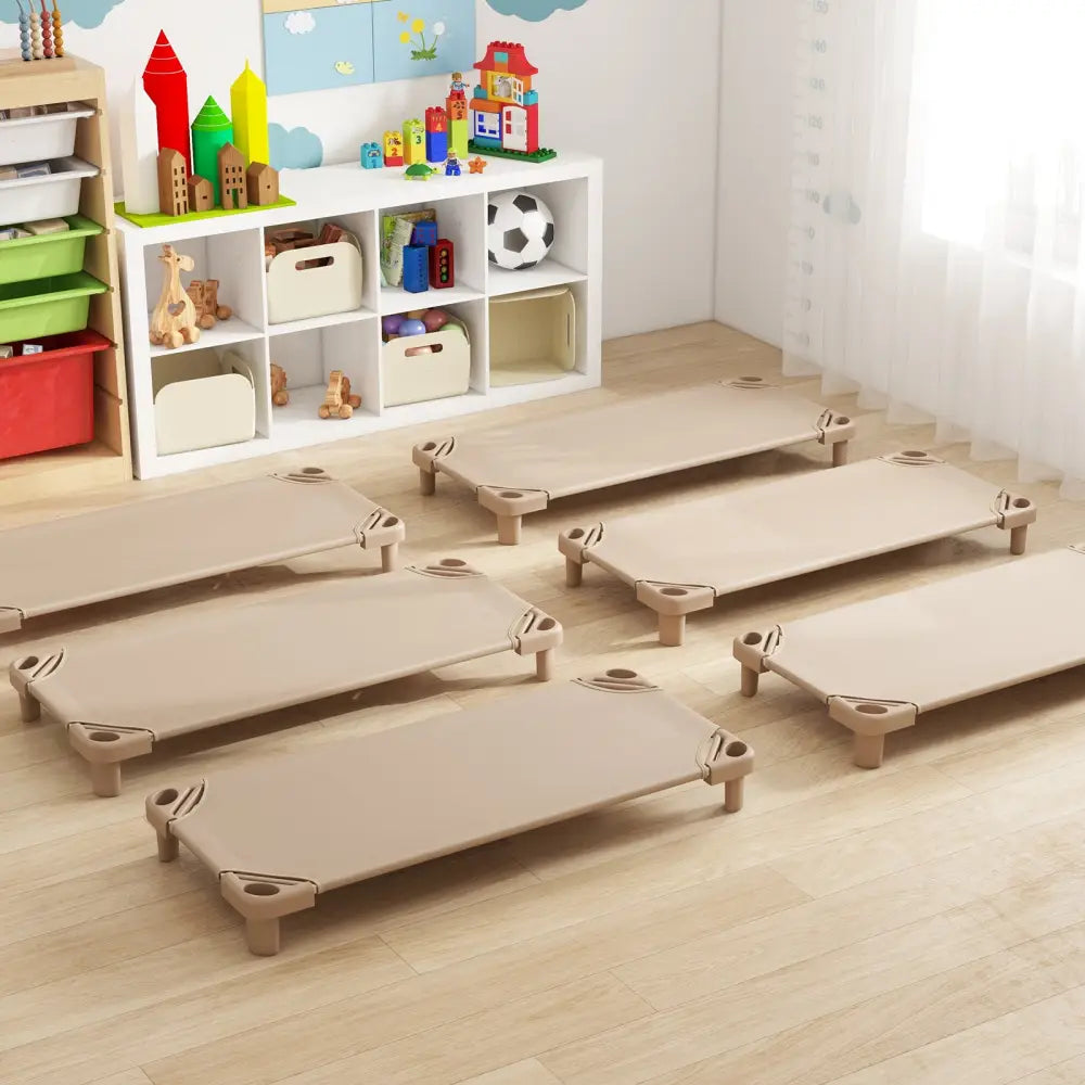 Kids Stackable Daycare Cot Pack of 6 with Detachable Oxford Cloth-Beige - Beige - Toddler Beds
