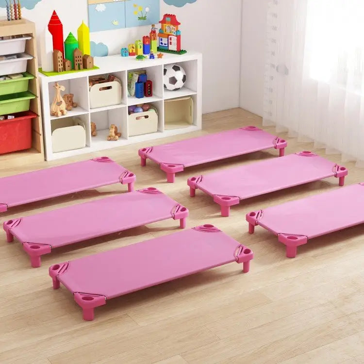 Kids Stackable Daycare Cot Pack of 6 with Detachable Oxford Cloth - Pink - Oasis Home Essentials