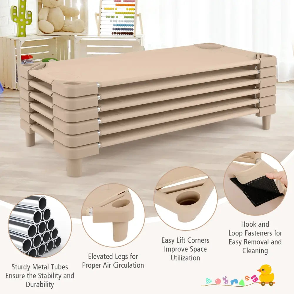 Kids Stackable Daycare Cot Pack of 6 with Detachable Oxford Cloth-Beige - Beige - Toddler Beds