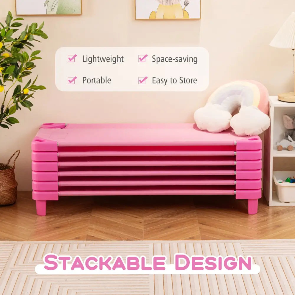 Kids Stackable Daycare Cot Pack of 6 with Detachable Oxford Cloth-Pink - Pink - Toddler Beds