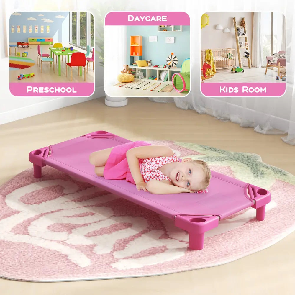 Kids Stackable Daycare Cot Pack of 6 with Detachable Oxford Cloth-Pink - Pink - Toddler Beds