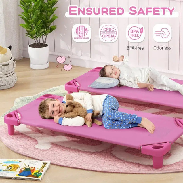 Kids Stackable Daycare Cot Pack of 6 with Detachable Oxford Cloth - Pink - Oasis Home Essentials