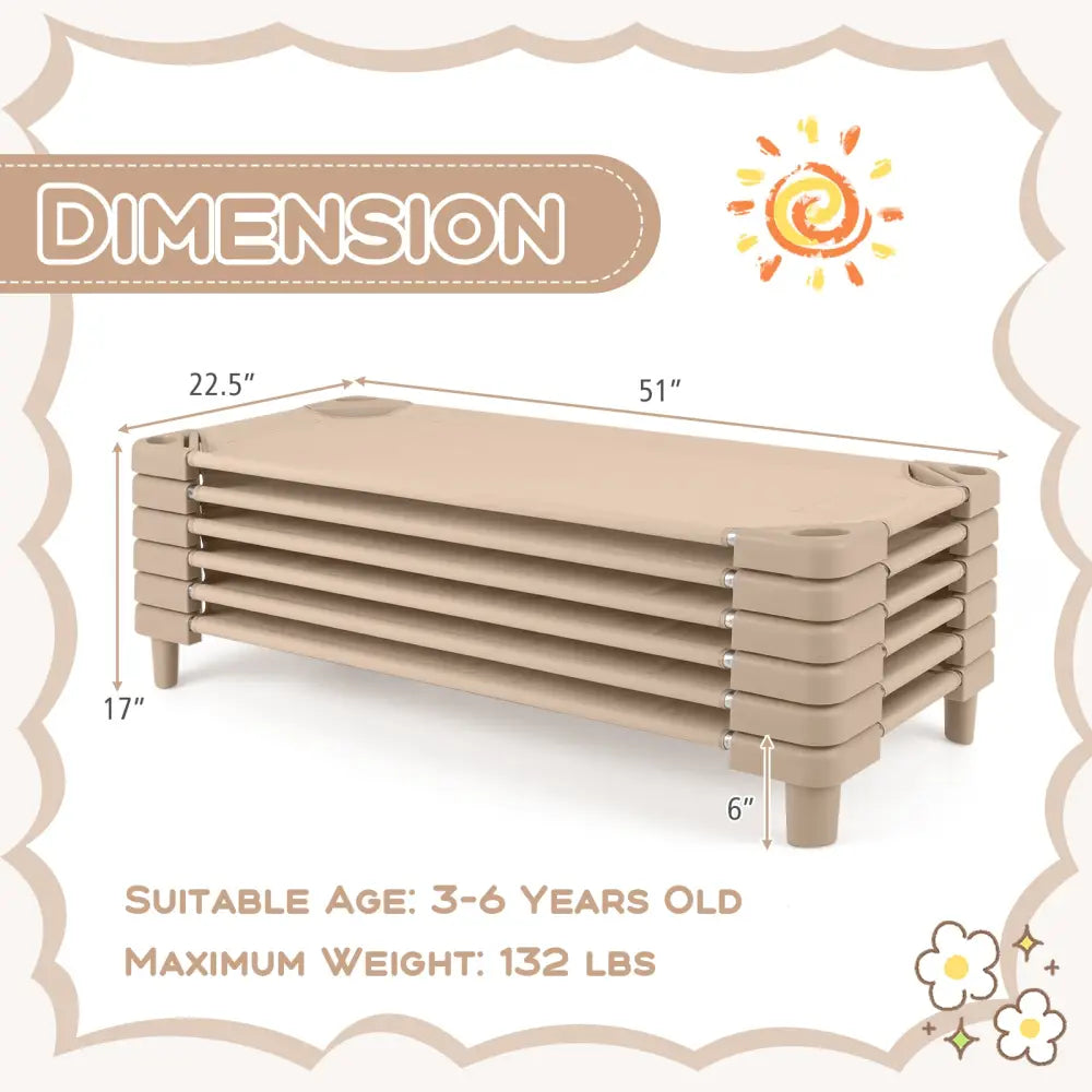 Kids Stackable Daycare Cot Pack of 6 with Detachable Oxford Cloth-Beige - Beige - Toddler Beds