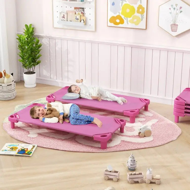 Kids Stackable Daycare Cot Pack of 6 with Detachable Oxford Cloth - Pink - Oasis Home Essentials