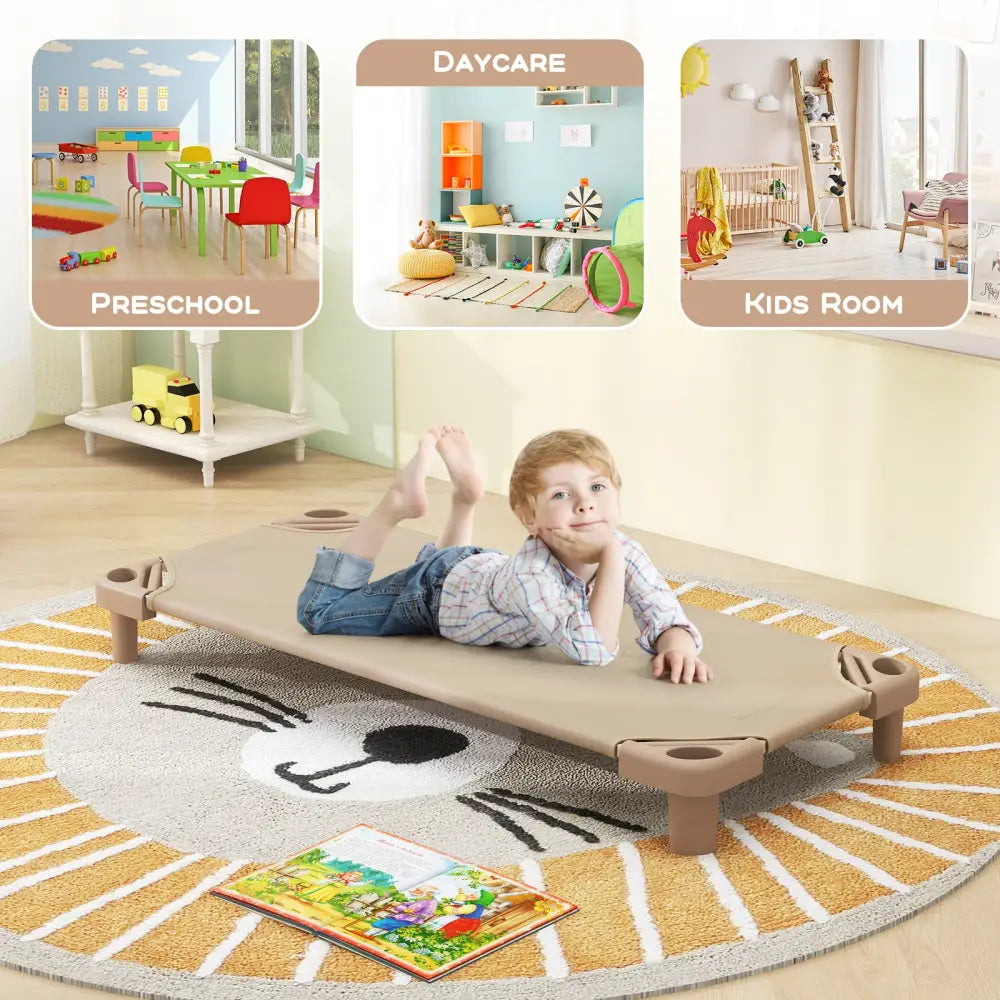 Kids Stackable Daycare Cot Pack of 6 with Detachable Oxford Cloth-Beige - Beige - Toddler Beds