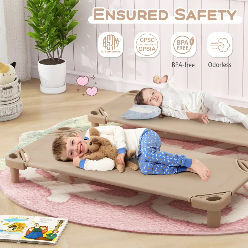 Kids Stackable Daycare Cot Pack of 6 with Detachable Oxford Cloth-Beige - Beige - Toddler Beds