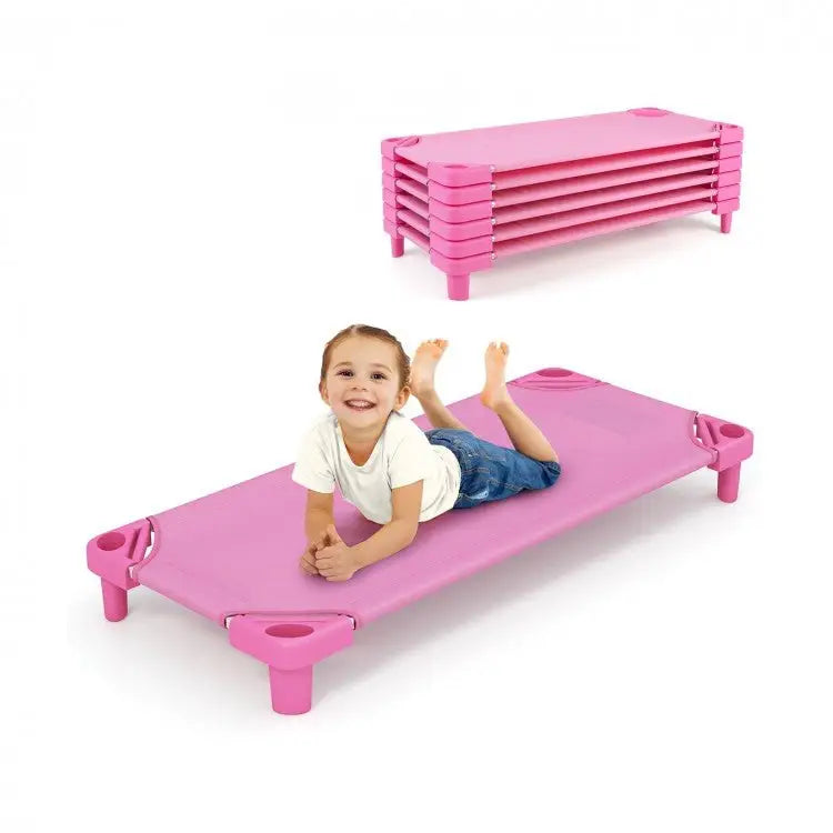 Kids Stackable Daycare Cot Pack of 6 with Detachable Oxford Cloth - Pink - Oasis Home Essentials