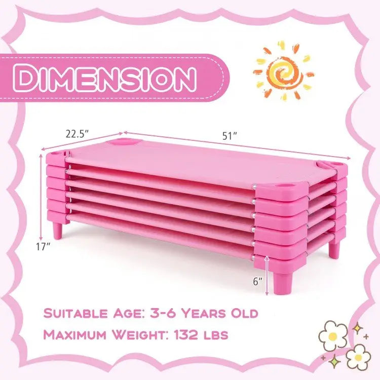 Kids Stackable Daycare Cot Pack of 6 with Detachable Oxford Cloth - Pink - Oasis Home Essentials