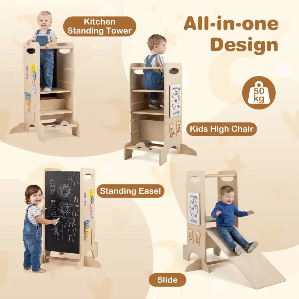Kids Standing Tower with Detachable Chalkboard and Montessori Games for 3+ Years Old - Toddler & Kids Furniture