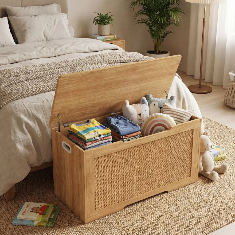 Kids Storage Bench 40 Inch Toy Box with Flip Top and Handles-Natural - Natural - Kids Storage