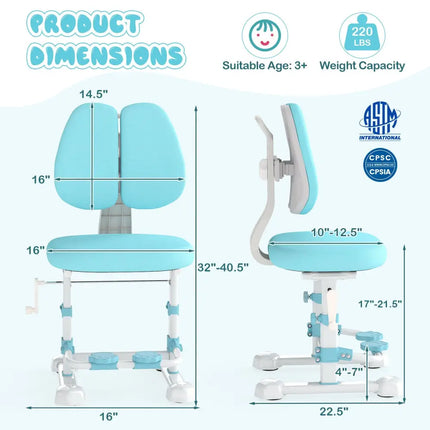 Kids Study Chair with Adjustable Double Backrest and Footrest-Blue - Blue - Kids Chairs & Seating