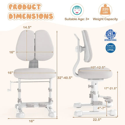 Kids Study Chair with Adjustable Double Backrest and Footrest-Gray - Gray - Kids Chairs & Seating