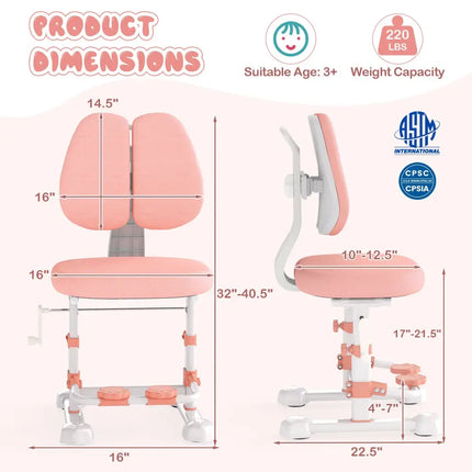 Kids Study Chair with Adjustable Double Backrest and Footrest-Pink - Pink - Kids Chairs & Seating