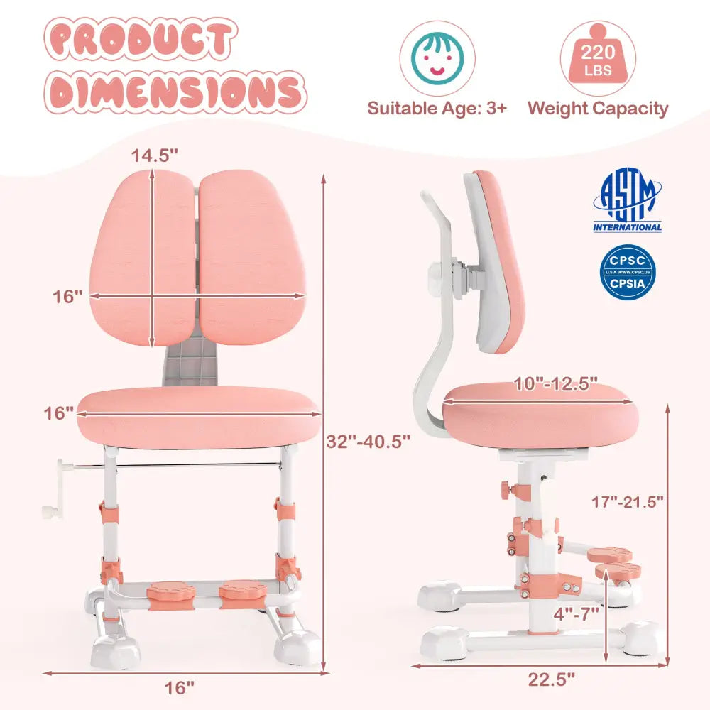 Kids Study Chair with Adjustable Double Backrest and Footrest-Pink - Pink - Kids Chairs & Seating