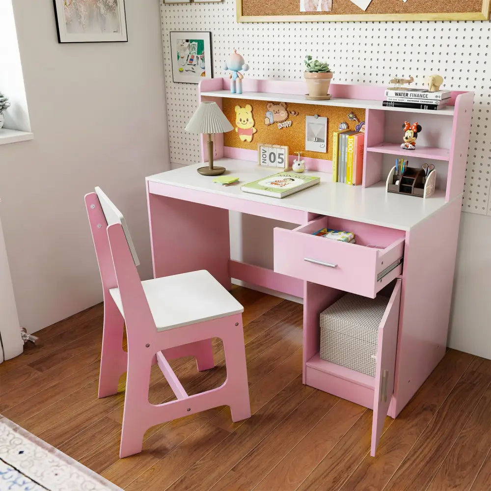 Kids Study Desk and Chair Set Student Table and Chair-White + Pink - White & Pink - Kids Table & Chair Sets