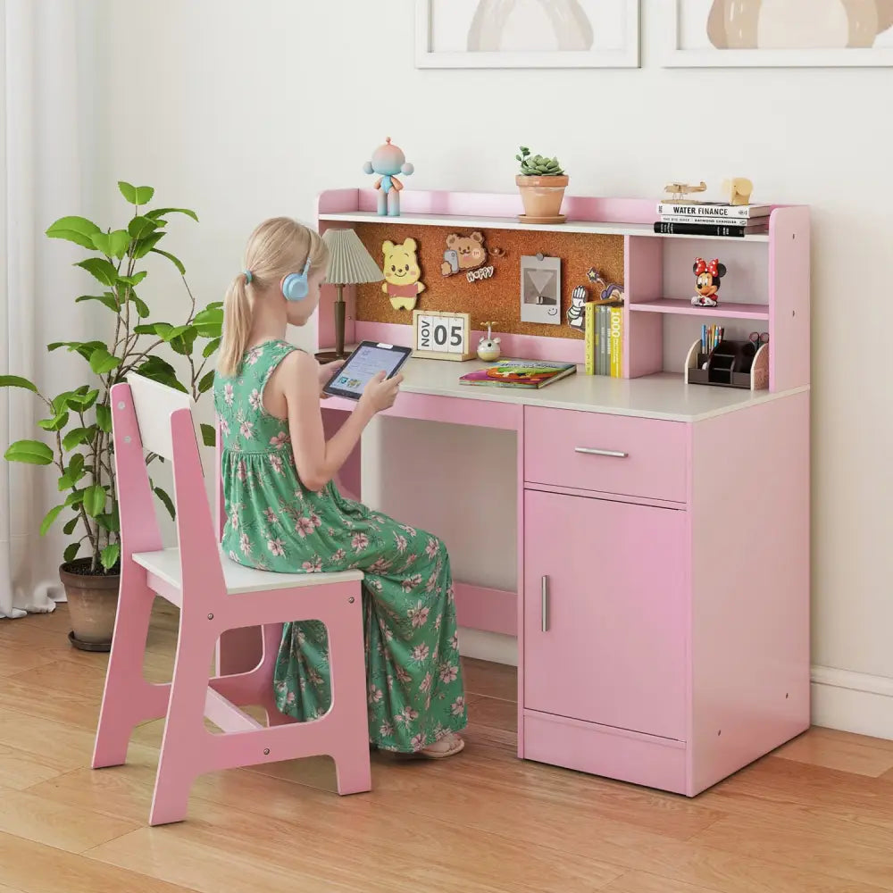 Kids Study Desk and Chair Set Student Table and Chair-White + Pink - White & Pink - Kids Table & Chair Sets