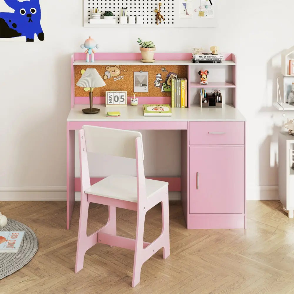 Kids Study Desk and Chair Set Student Table and Chair-White + Pink - White & Pink - Kids Table & Chair Sets
