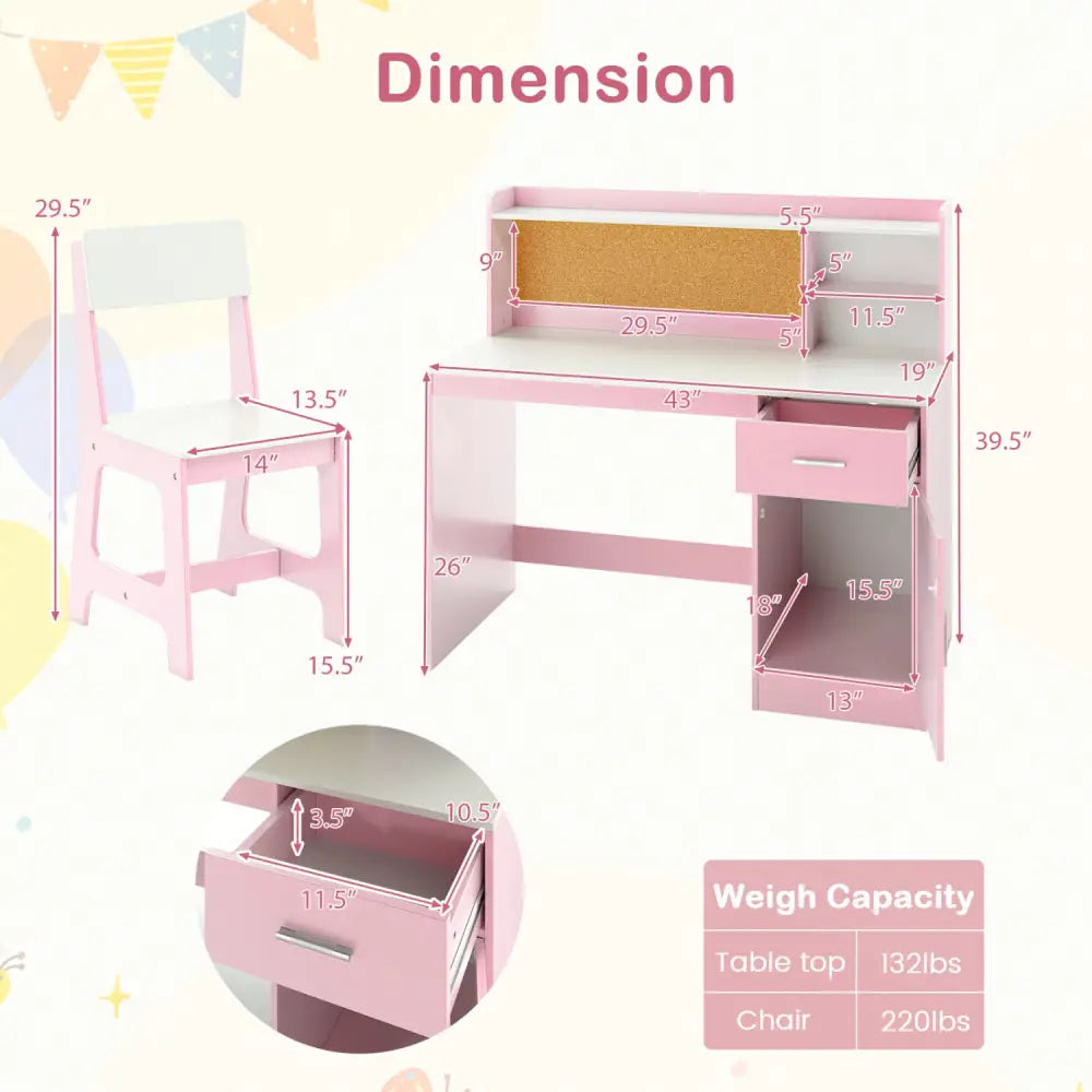 Kids Study Desk and Chair Set Student Table and Chair-White + Pink - White & Pink - Kids Table & Chair Sets