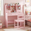 Kids Study Desk and Chair Set Student Writing Table with Chair Open Shelves Cork Bulletin Board-Pink - Pink - Kids