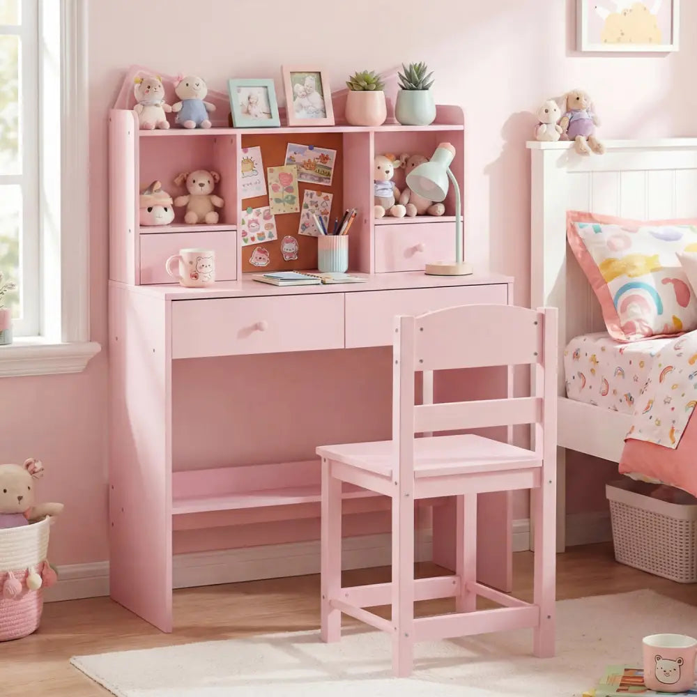 Kids Study Desk and Chair Set Student Writing Table with Chair Open Shelves Cork Bulletin Board-Pink - Pink - Kids