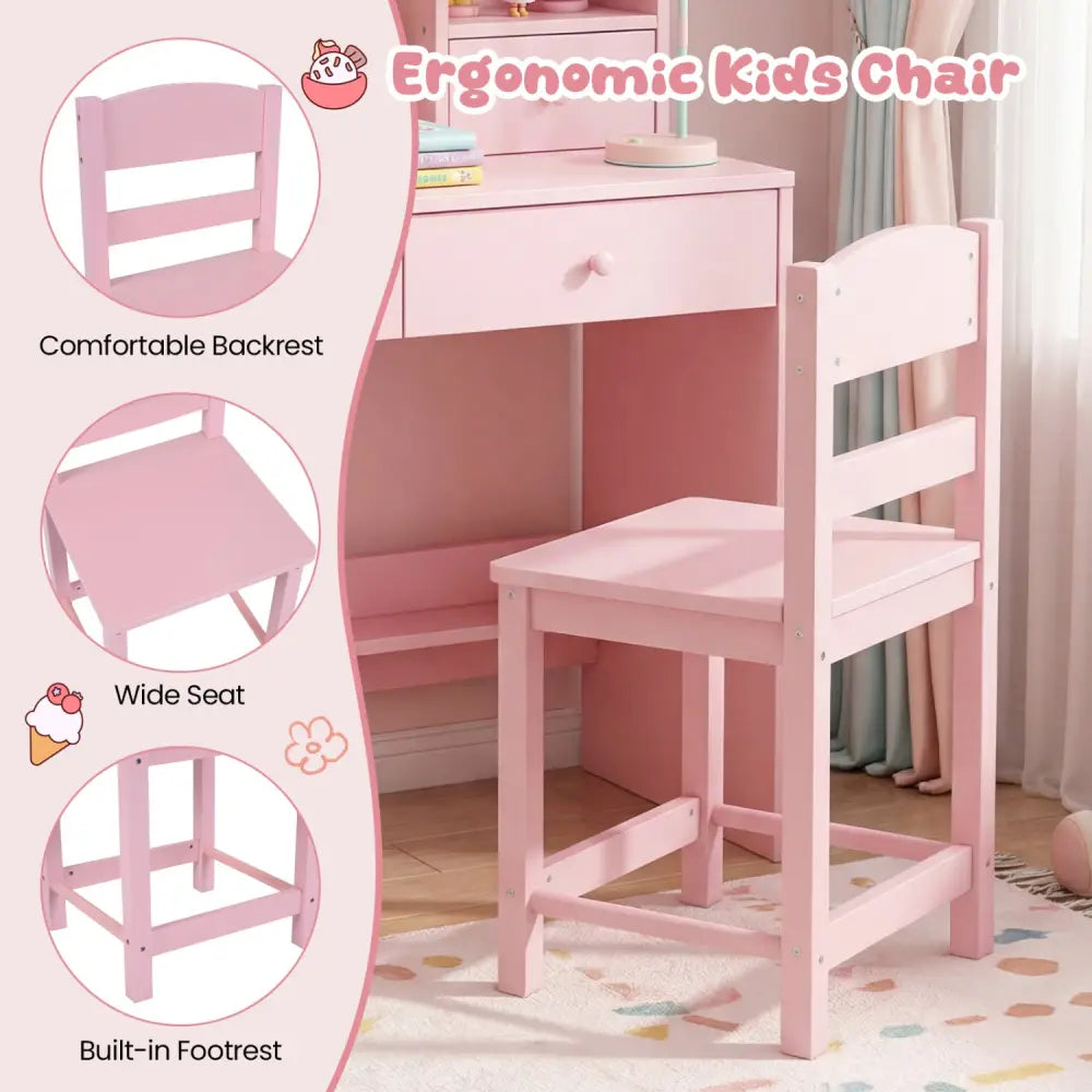 Kids Study Desk and Chair Set Student Writing Table with Chair Open Shelves Cork Bulletin Board-Pink - Pink - Kids