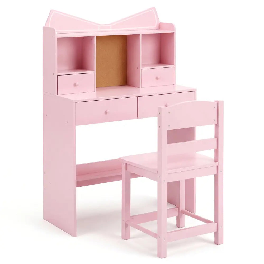 Kids Study Desk and Chair Set Student Writing Table with Chair Open Shelves Cork Bulletin Board-Pink - Pink - Kids