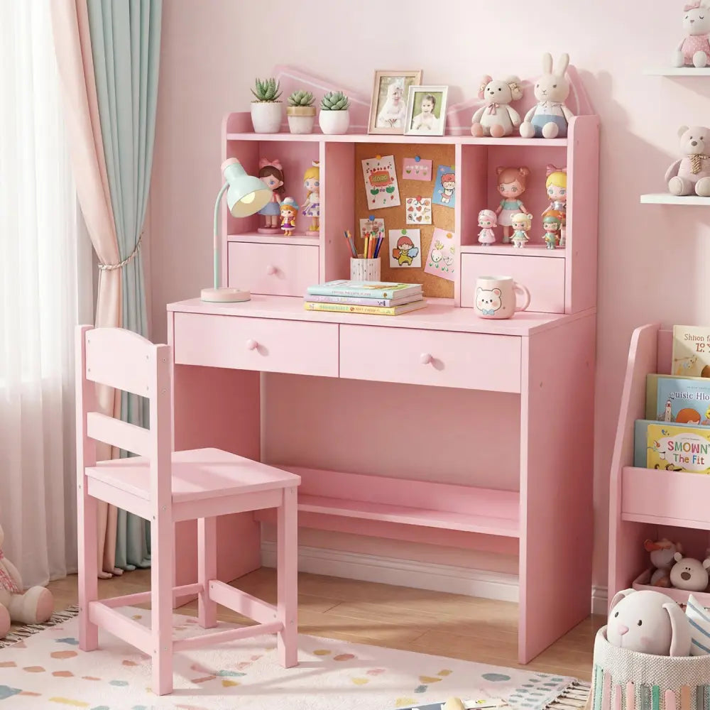 Kids Study Desk and Chair Set Student Writing Table with Chair Open Shelves Cork Bulletin Board-Pink - Pink - Kids